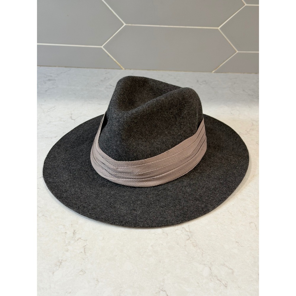 Wool Felt Fedora Hat Charcoal Grey with Tan Grosgrain Ribbon Band Formal Cosplay
